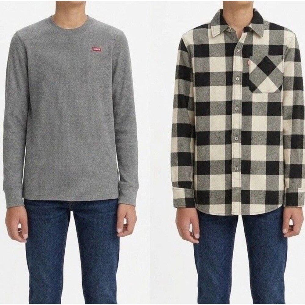 NWT 2 Pcs Levi's Size XS 5/6 Youth Boys Black / Gray Plaid Flannel + Thermal